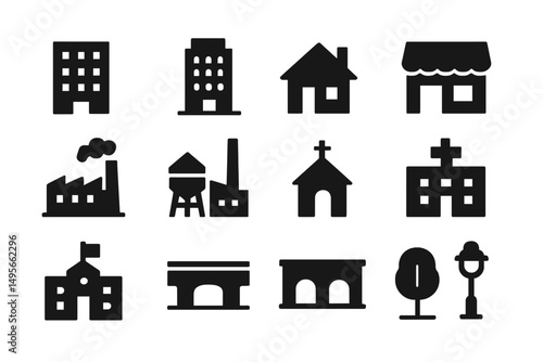 Black silhouettes of various buildings and structures representing urban and rural environments at different locations