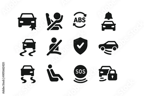 Various car safety and warning symbols on a white background used for driver assistance and vehicle safety guidance