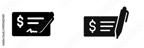 Black icons of a check and a pen symbolizing financial transactions and payments