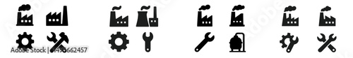 Industrial icons representing factories, tools, and machinery suitable for manufacturing and production related content