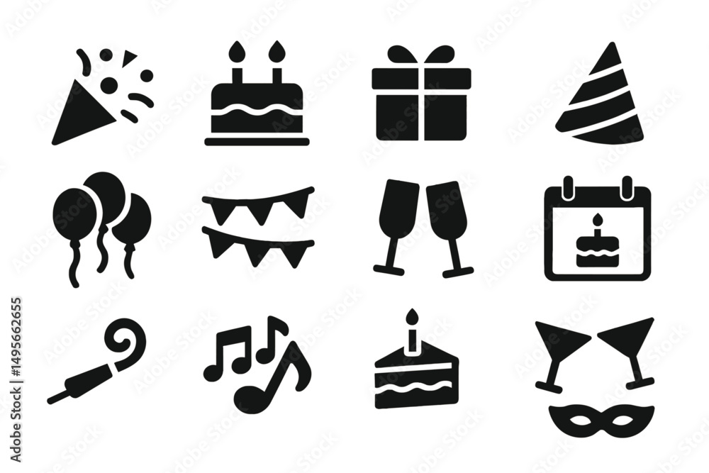 Naklejka premium Colorful celebration icons featuring cakes, balloons, and gifts for special occasions and parties