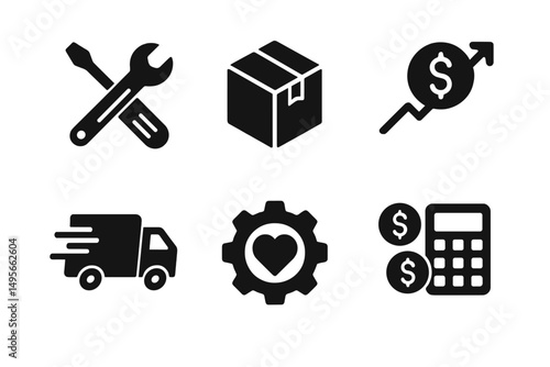 Icons representing business operations and logistics including tools, delivery, and finances