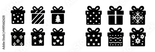 Variety of gift box icons designed for festive celebrations and special occasions displayed in a grid layout showcasing creativity
