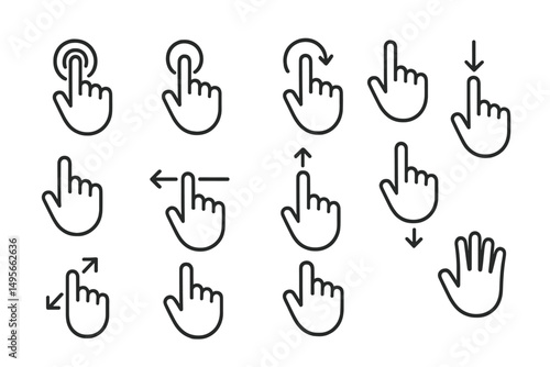 Gesture illustrations showing various finger movements and actions for touch screen interaction in digital interfaces