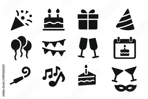 Colorful celebration icons featuring cakes, balloons, and gifts for special occasions and parties
