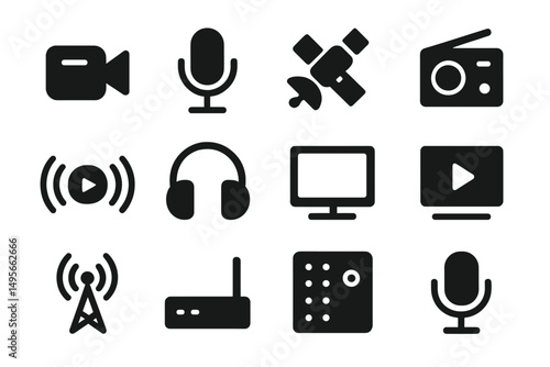 Digital communication tools displayed as icons highlight various media technologies for modern broadcasting and content creation