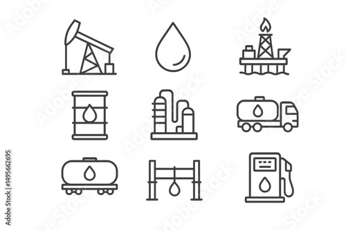 Oil industry icons showing extraction, refining, transportation, and dispensing processes from various locations