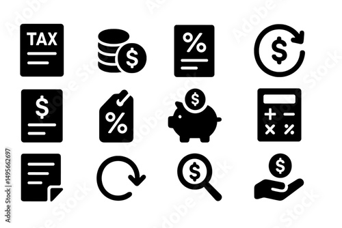 Financial symbols representing tax concepts, savings, and monetary calculations in a minimalistic black and white design