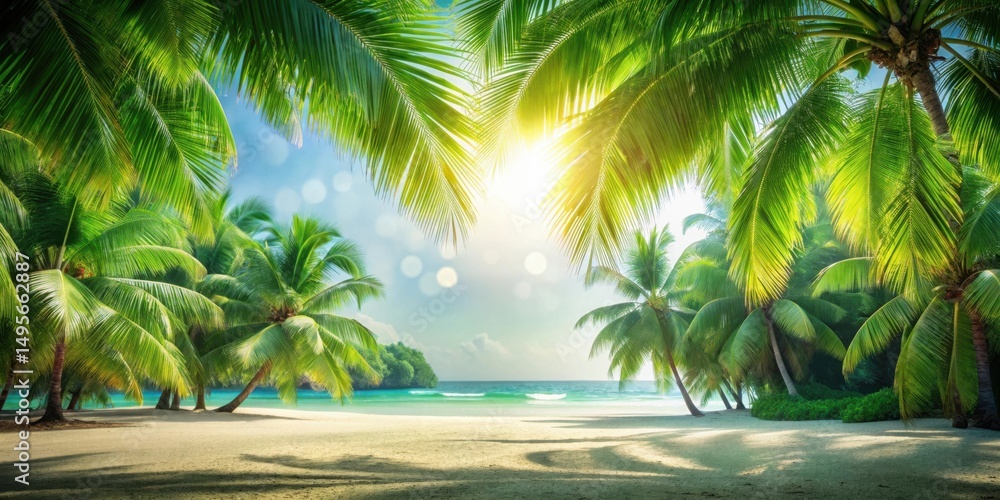 Serene Tropical Beach Paradise Lush Palm Trees Frame a Sunny Ocean Scene