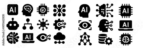 Diverse collection of artificial intelligence and technology icons displayed in a symmetrical layout