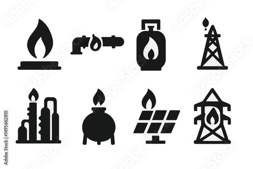 Symbols representing different energy sources including gas, oil, and renewables showcased in a grid format
