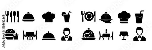 Culinary icons representing dining experiences in a restaurant setting with various food items and service symbols
