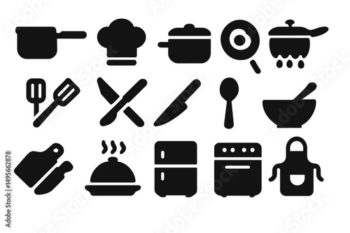 Cooking utensils and kitchen tools illustrated in simple black silhouettes on a white background for culinary design and inspiration