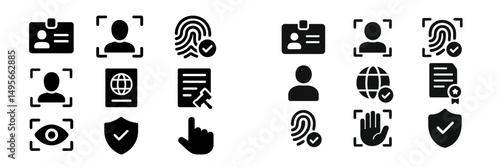 Icons representing identification and verification processes used in security and technology systems across various industries