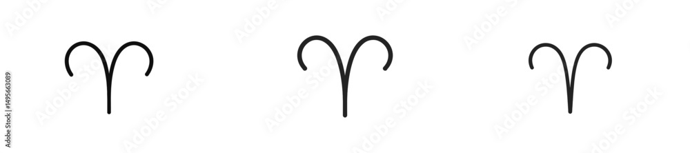 Symbolic representation of Aries zodiac sign with three variations shown in simple black line art Symbolic representation of Aries zodiac sign with three variations shown in simple black line art