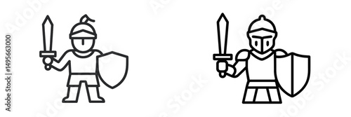 Two stylized warriors prepare for battle with swords and shields in a minimalist design