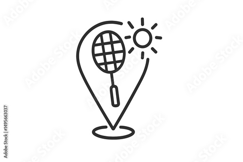 Location badge with tennis racket and sun representing summer sports activity outdoors