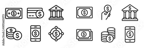Various currency and banking icons representing financial transactions and services in a minimalist style