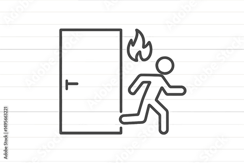 Running away from a fire through an emergency exit door during a safety drill