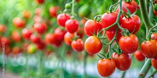 Obraz na płótnie A Bountiful Harvest of Ripe Red Tomatoes Growing on the Vine in a Lush Green Garden w salonie