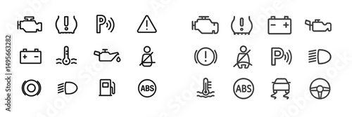 Warning symbols displayed on a car dashboard indicating various vehicle statuses and alerts during nighttime driving