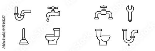 Various plumbing icons including pipes, faucets, and tools displayed on a clean background for repair and maintenance tasks