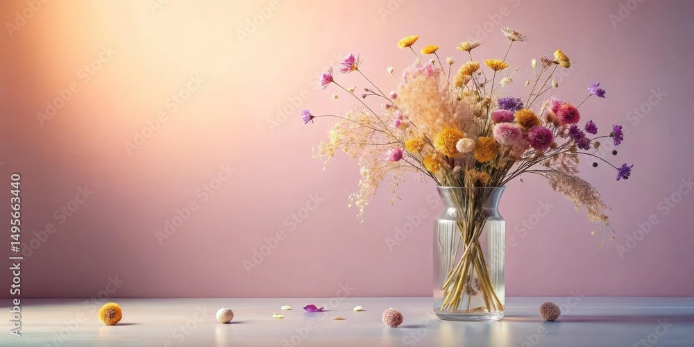 A vibrant bouquet of dried wildflowers in a clear glass vase, arranged on a surface with small decorative elements against a soft pink backdrop.