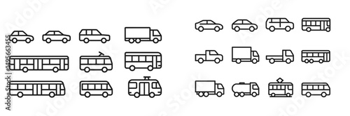 Collection of transportation icons depicting various vehicle types and designs in a minimalist style on a plain background