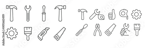 Tool icons in a minimalist design representing various hand tools for construction and repair activities