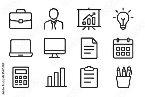 Business icons representing various professional activities and tools for efficient workflow in a modern office environment