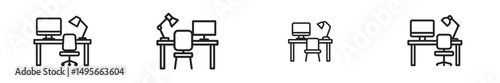 Workstation setups with varying desk designs and chair arrangements in a minimalist style suitable for home office environments