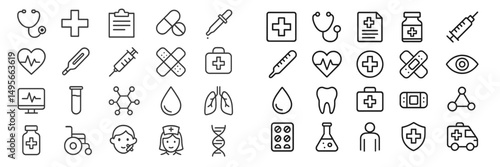 Health and medical icons collection featuring various symbols for healthcare and wellness