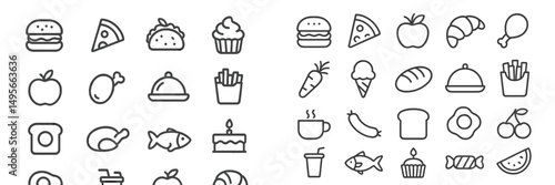Various food icons arranged in a grid showcasing popular snacks and meals in a minimalist design suitable for menus and illustrations