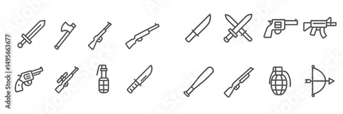Illustrations of various weapons including swords, firearms, and grenades in a minimalist design