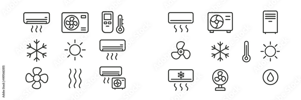 Symbols representing different cooling and heating appliances with weather elements, illustrating climate control in indoor spaces Symbols representing different cooling and heating appliances with weather elements, illustrating climate control in indoor spaces