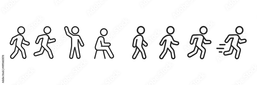 Various actions of a stick figure illustrating walking, waving, sitting, and running in a minimalist style Various actions of a stick figure illustrating walking, waving, sitting, and running in a minimalist style