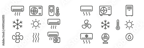 Symbols representing different cooling and heating appliances with weather elements, illustrating climate control in indoor spaces