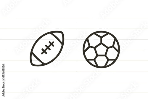 Two sports balls displayed on a minimalist background representing rugby and soccer, conveying the essence of athleticism and teamwork