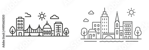 City skyline illustration featuring iconic structures and urban scenery with a sunny backdrop