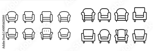 Various chair designs displayed in a modern style with line art on a white background