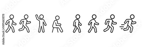 Various actions of a stick figure illustrating walking, waving, sitting, and running in a minimalist style
