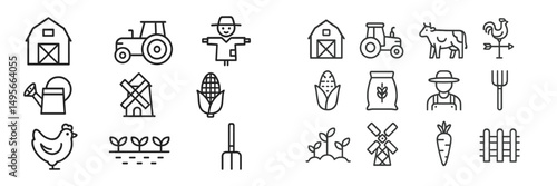 Symbols of rural life including tools, crops, and animals in a farming setting