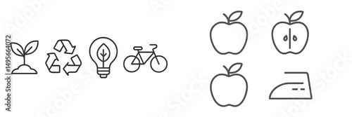 Symbols representing sustainability and healthy living with eco-friendly elements and lifestyle choices