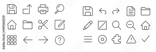 Collection of minimalist icons representing various digital functionalities and actions for user interface design