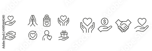 Hand-drawn icons representing care, generosity, and community involvement in a minimalistic style