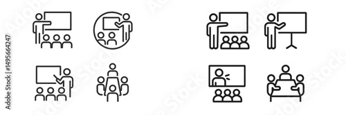 Visual explanation of various presentation styles and group discussions in professional settings