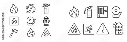 Fire safety symbols and tools illustrated in a clear and organized layout for emergency preparedness training and awareness
