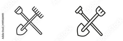 Gardening tools crossed, consisting of rakes and shovels, symbolizing gardening and landscaping activities