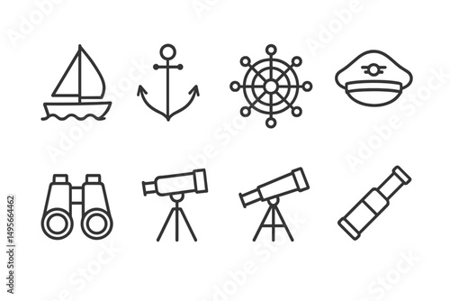 Nautical symbols featuring a sailboat, anchor, wheel, binoculars, and telescopes in a minimalist design for marine themes