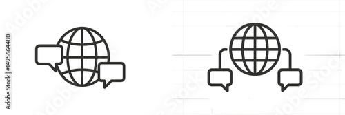 Icon representing global communication with speech bubbles and a globe view